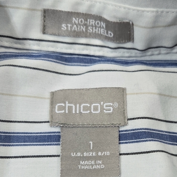 Chico's No Iron Stain Shield White Diagonal Stripe Button-Up Pocket Tunic Shirt - Picture 7 of 11